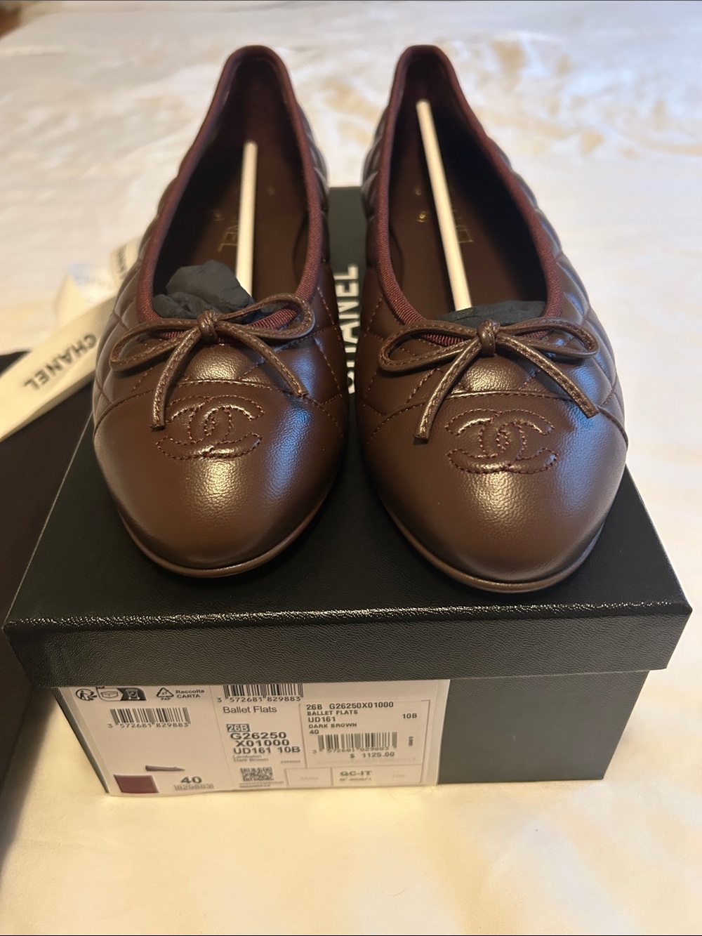 CHANEL Brown Quilted CC Ballet Flats with Bow 40
